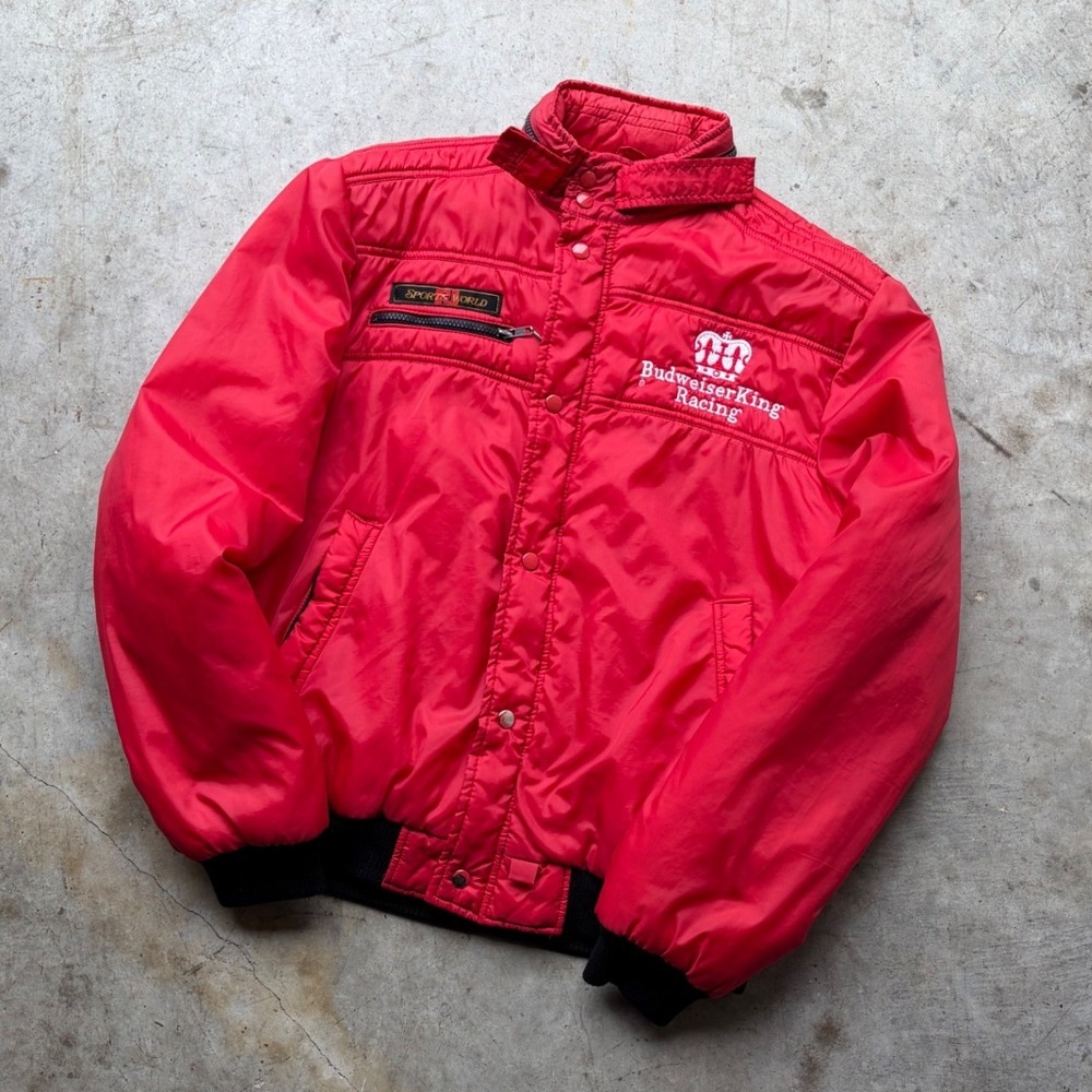 Vintage Budweiser King Racing Jacket Mens Large Red Sports World Nylon Puffer L